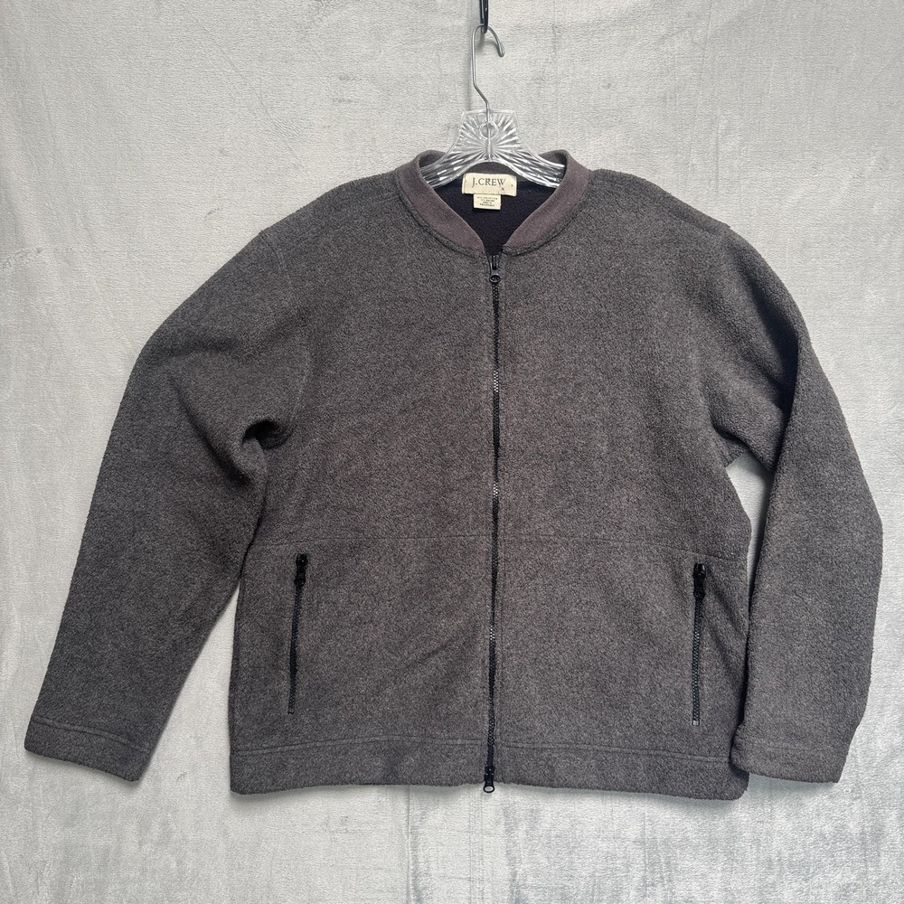 J.CREW Jacket Mens M Gray Fleece Bomber Full Zip Pockets Relaxed Stand Collar